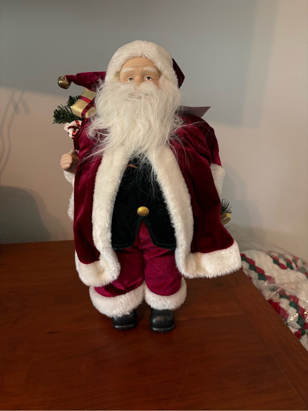 Santa Claus standing Figure w Tags Velvet Christmas Decor 16”